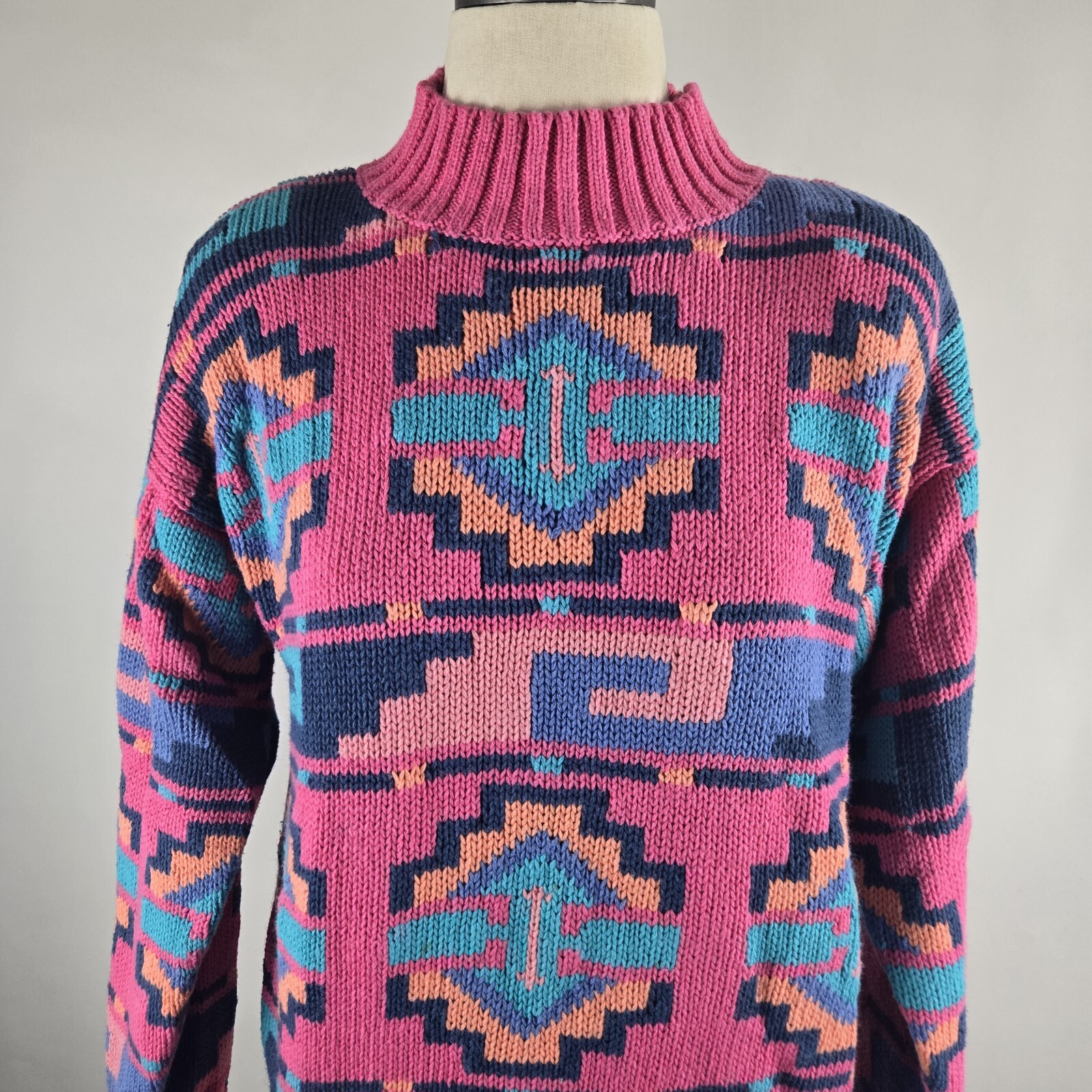 Vintage 80’s Nuovo Turtle Neck Knit Sweater M Southwest Aztec Cotton Ramie