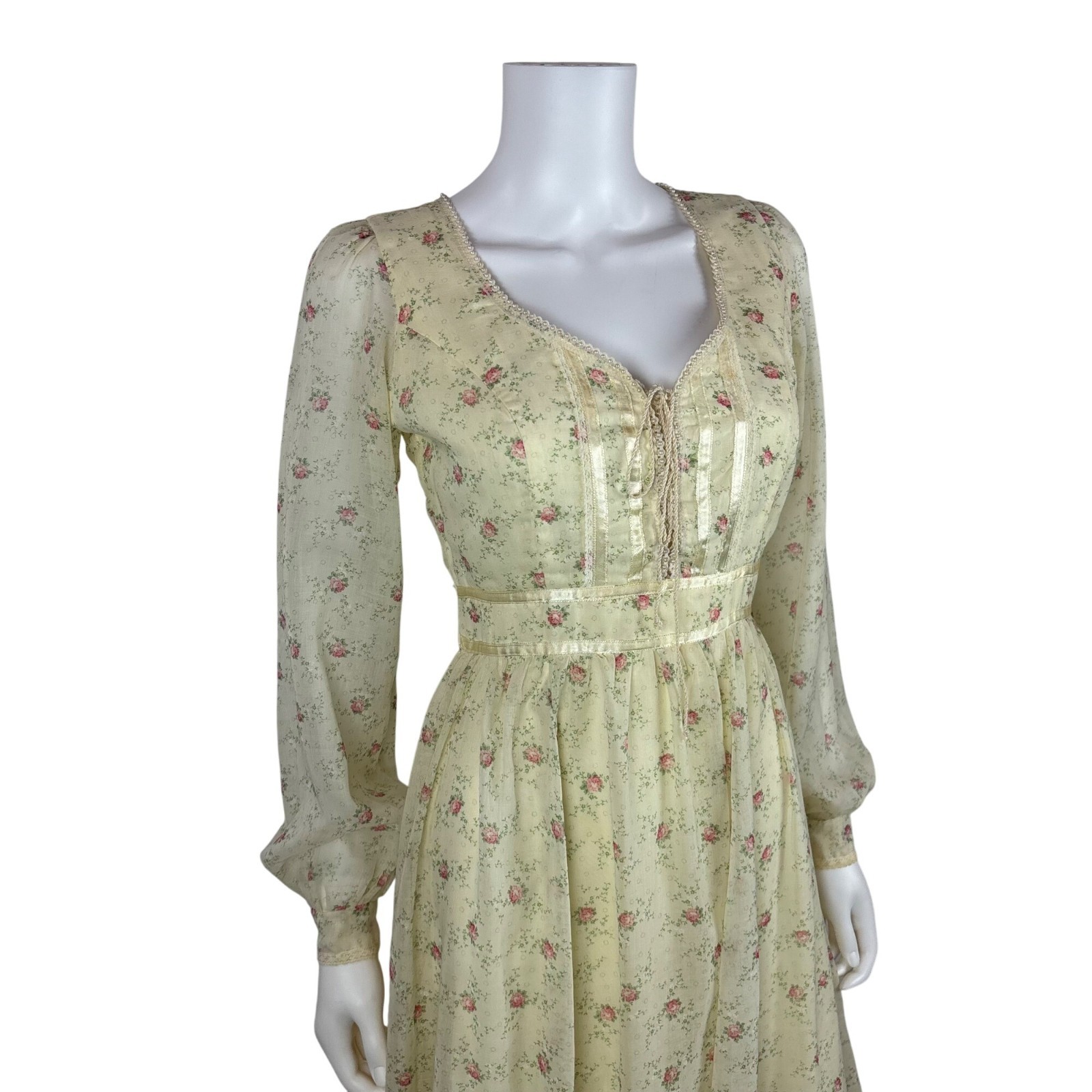 Vintage 70s Prairie Dress Womens Small Pink Rose Print Long Sleeve Gunne Sax