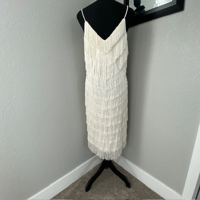 VINTAGE 70s Joy Stevens Ivory Fringe Flapper Gatsby Dress Sz 12