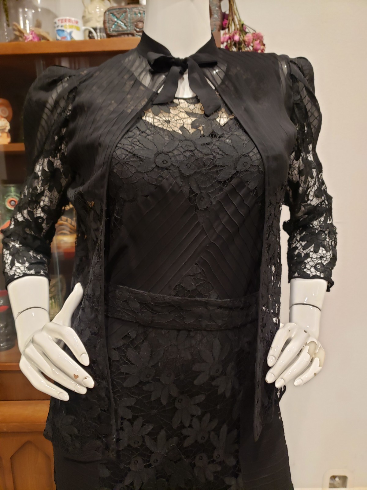 Vintage 1930s Spider Web Lace Silk Chiffon Three Piece Jacket Dress Set Sm