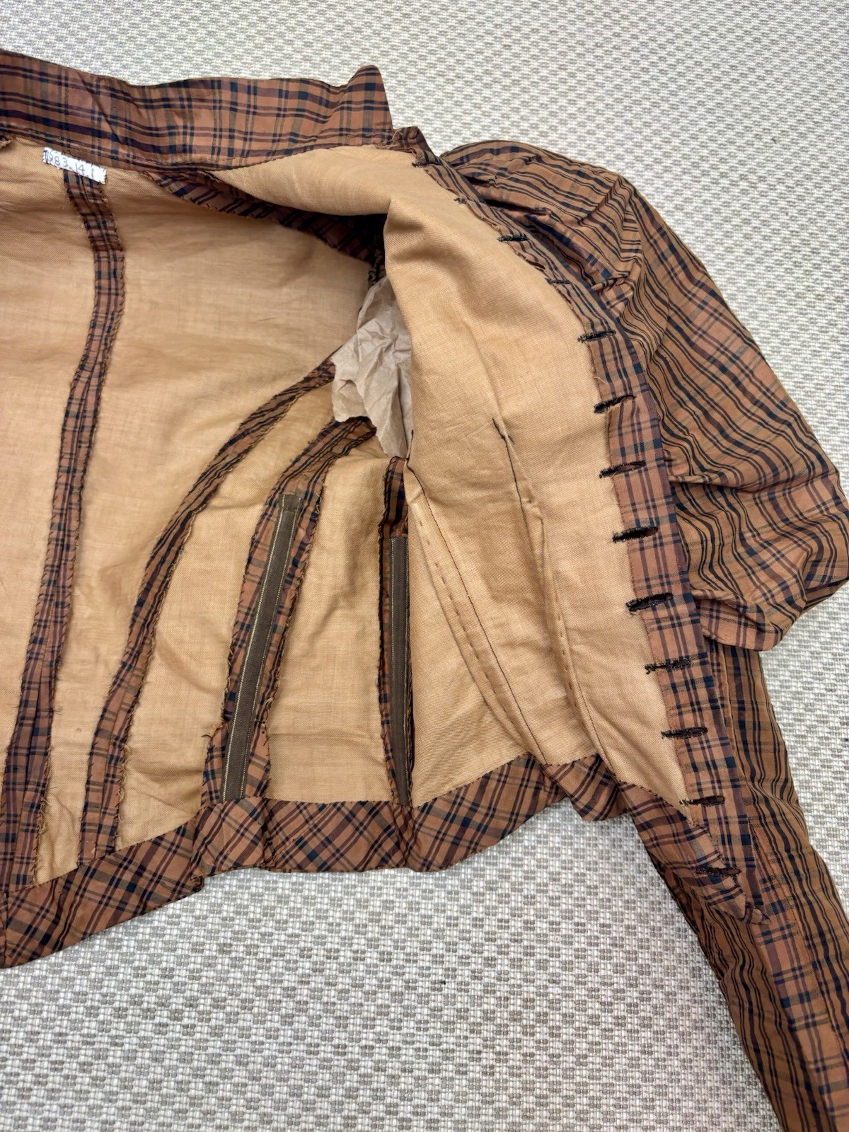 Antique Victorian 1890 Jacket Bodice Leg of Mutton Sleeve Brown Black Plaid Silk