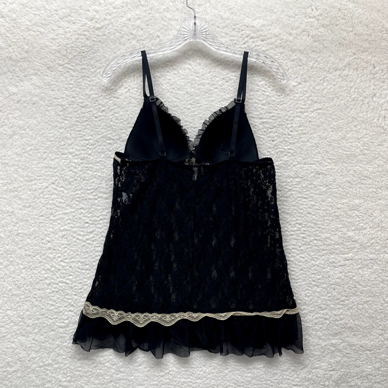 Y2K Vintage Babydoll Slip Dress Medium Black Lace Mesh Sheer Padded Cupped Sexy