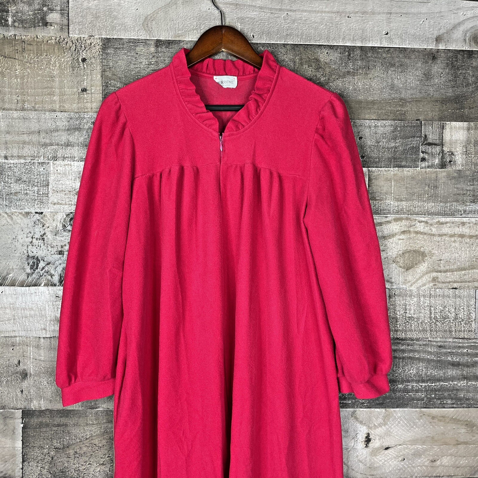 Vtg 60s Hot Pink Magenta Lorraine Warm Nightgown 3/4 Sleeve Grandmas Nightshirt