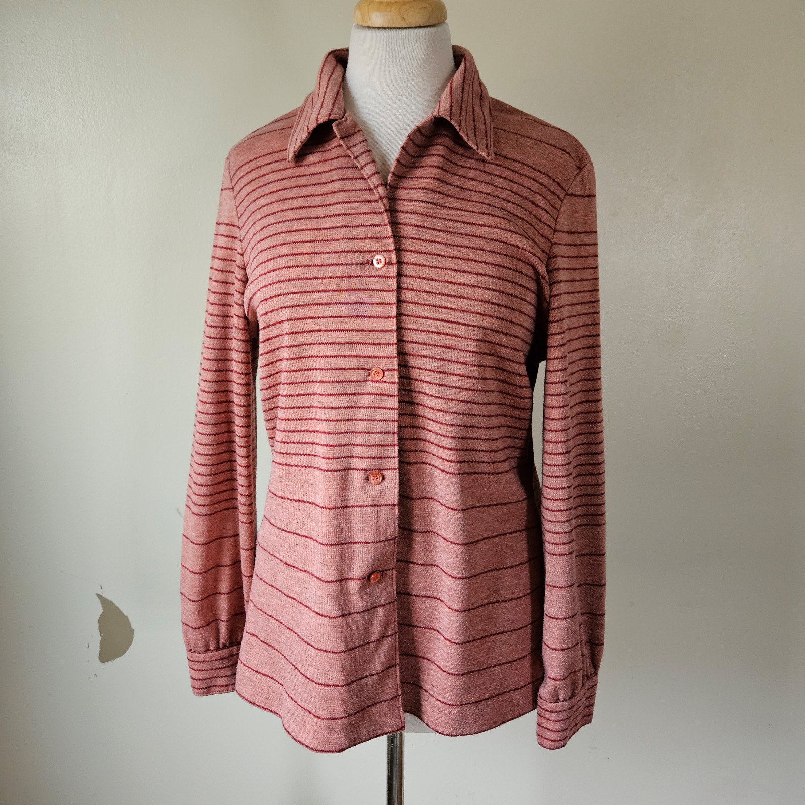 Mr. Beau RL Davis Vintage 1970s Poly Knit Heathered Striped Button Top Shirt M/L