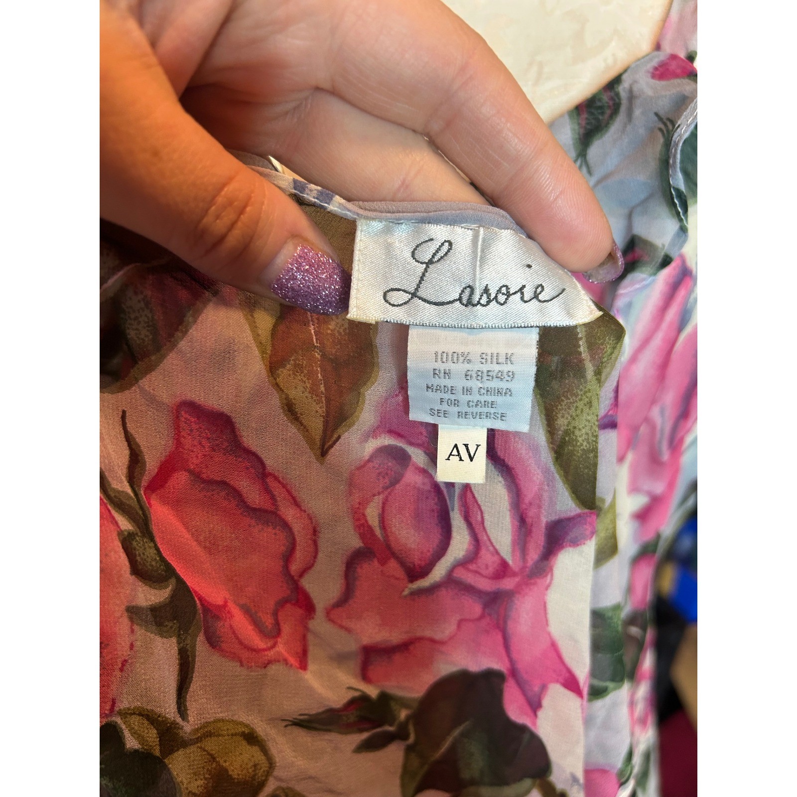 Lasoie SILK Pink Floral Rose Flutter Sleeve Nightgown 2 Piece Lingerie VTG L