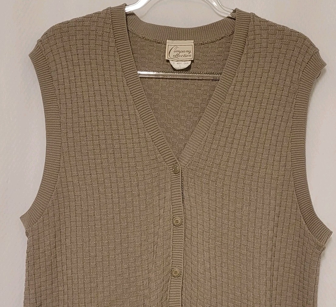 VTG 80s 90s Company Collection Wmn’s Taupe Basket Weave Knit Sweater Vest Sz L
