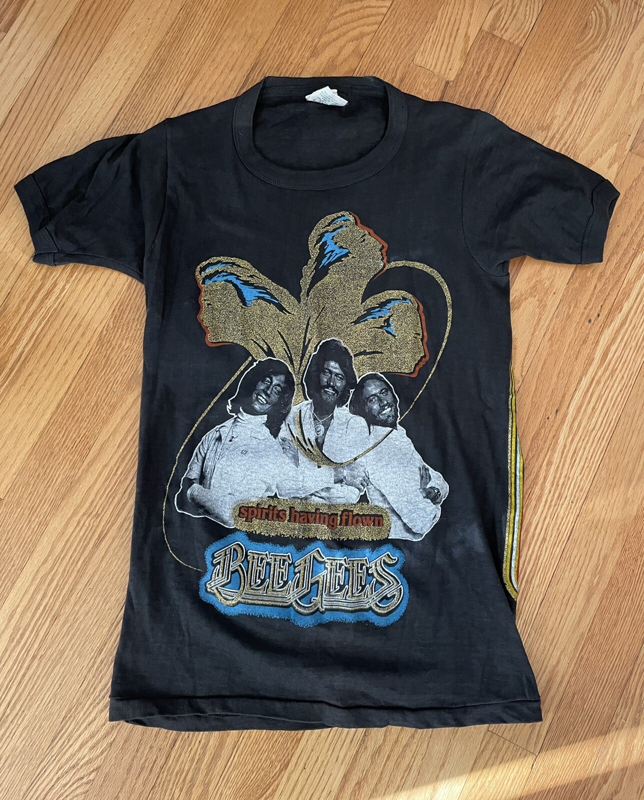 Vintage Bee Gees North America Tour Band Disco Tee Shirt Gold Glitter 70s Small