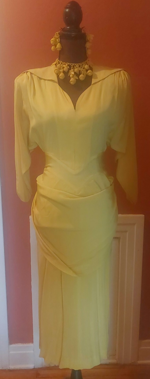 1950s Lilli Diamond Chartreuse Rayon Dress, Bat Wing Sleeves, Swag, Train XS