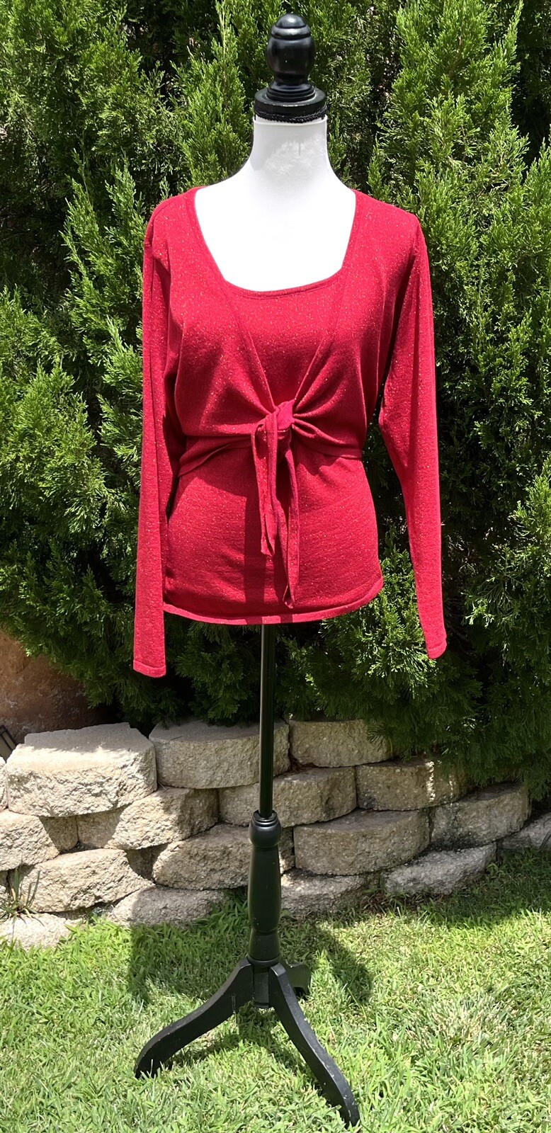 Blouse Red Size:XL Vintage Shimmery Pull Over Tie Front By NY Collection