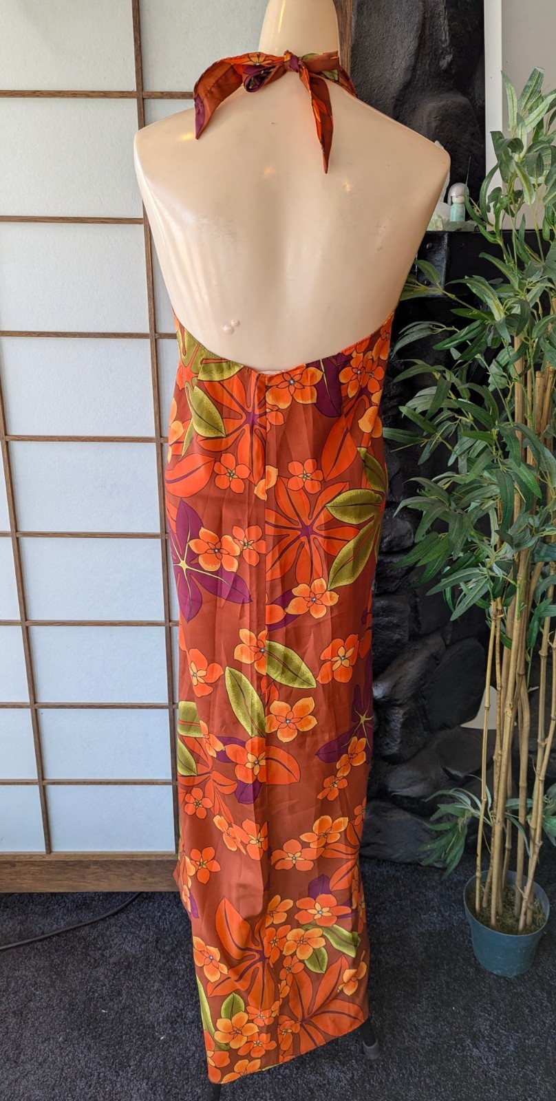 Vtg 1970s Pomare Tahiti Hawaiian Sarong Wrap Halter Dress Bright Orange L/XL