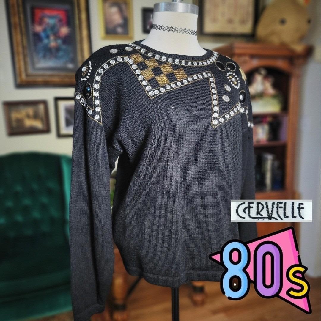 Cervelle Wool Sweater Vintage 80s Beaded Embellished Black Knit Top Large 6470C