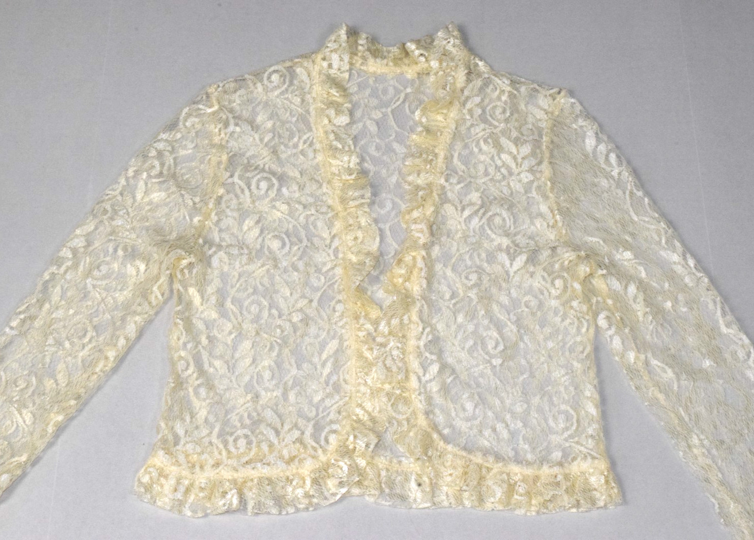 Vintage Lace Top Montgomery Ward Size S 60s Cardigan Style Ivory Lace Ruffle NWT