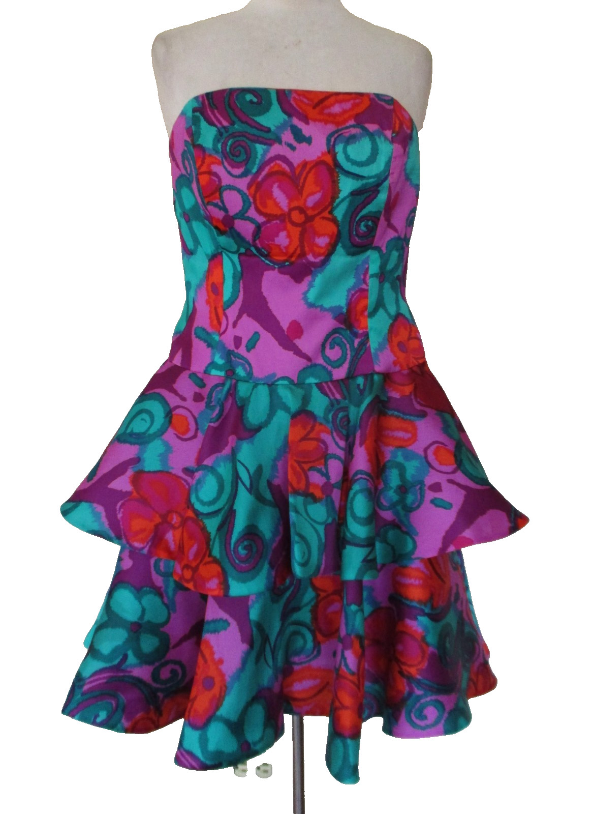 Vintage AJ Bari Strapless Dress M Women Multicolor Silk Floral Print Tiered