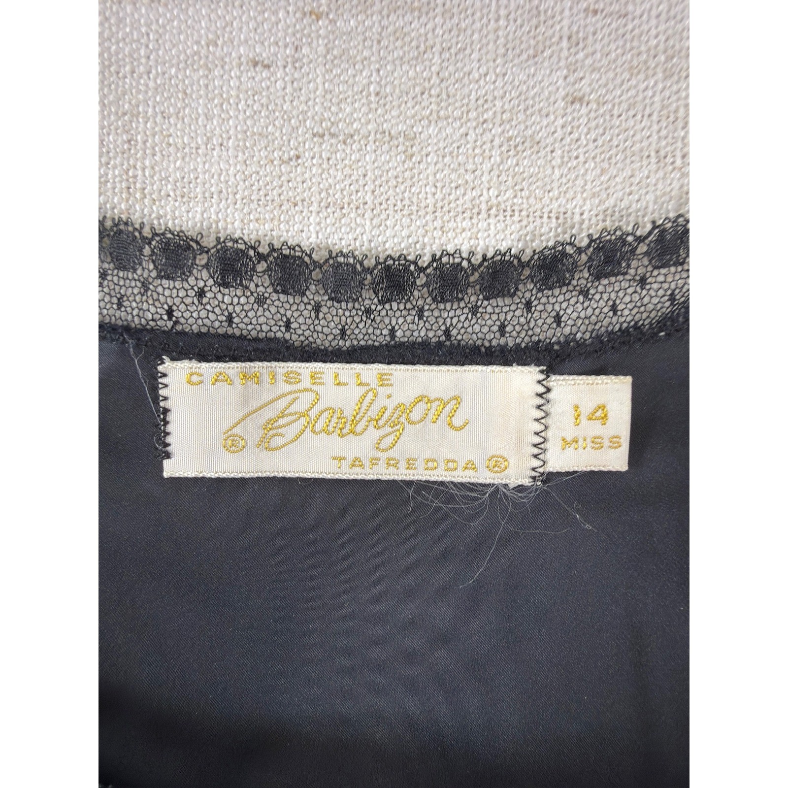 Vintage Barbizon Camiselle Tafredda Black Lace Trim Full Slip Dress Size 14 Miss