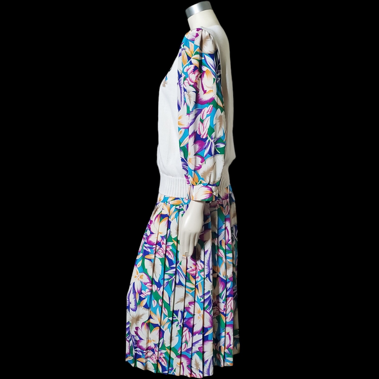 Vintage Green Pink Floral Pleated Skirt Suit Long Sleeve Top Size 1X (No Tags)