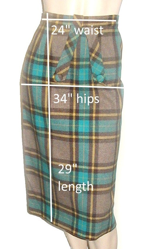 Preppy PLAID WOOL PENCIL SKIRT Teal cocoa golden 24W Vintage 1950s Wiggle TAB
