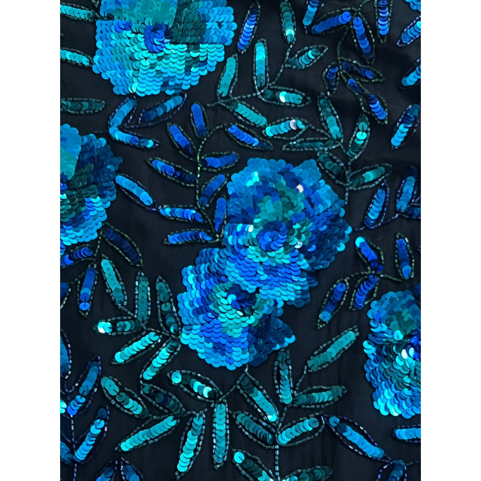 Laurence Kazar Vintage Blue Sequin Silk Blouse Floral Scalloped Hem Top 2X