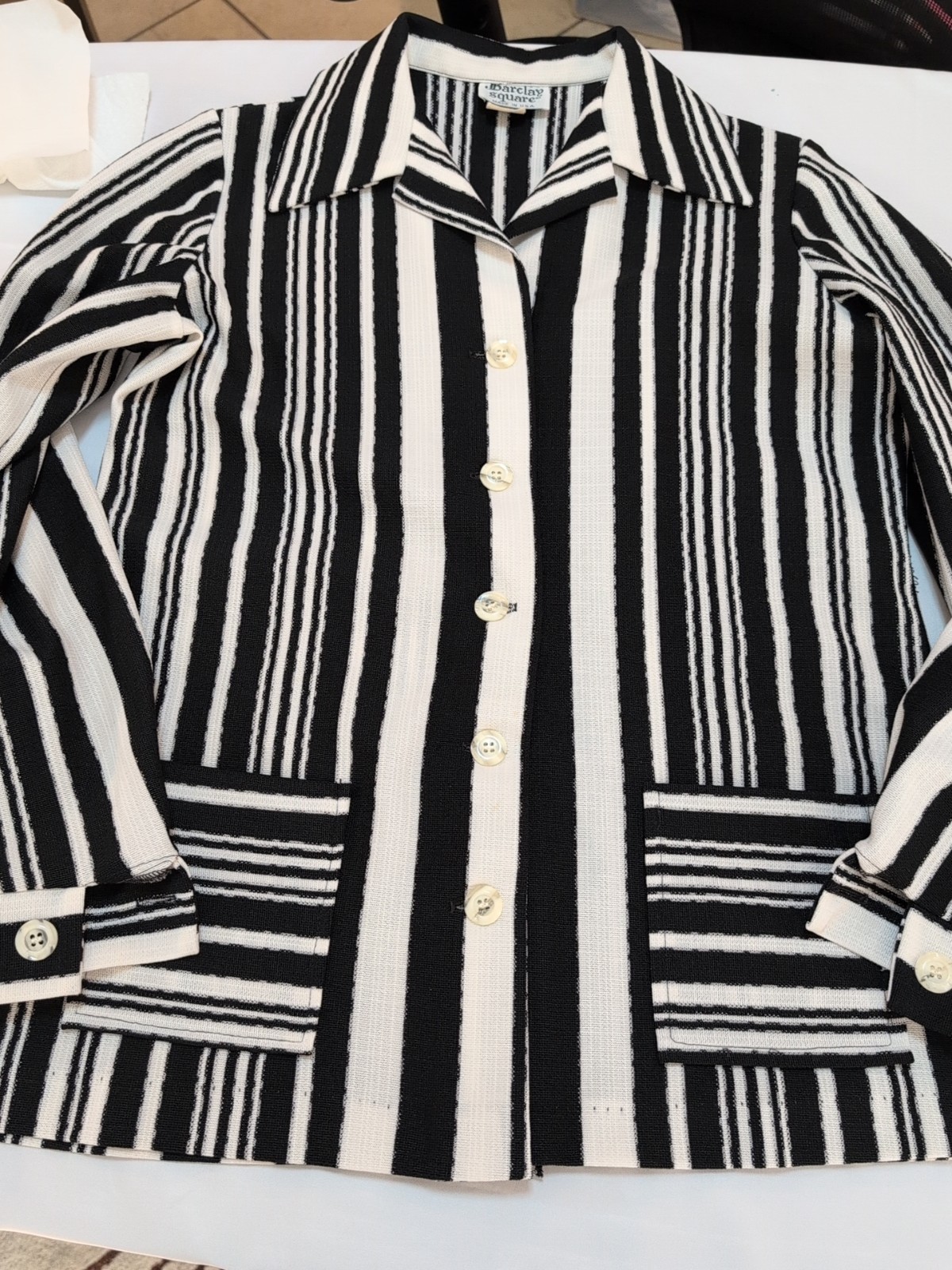 80s womens vtg 13-14 barclay square black white striped usa made jacket pockets