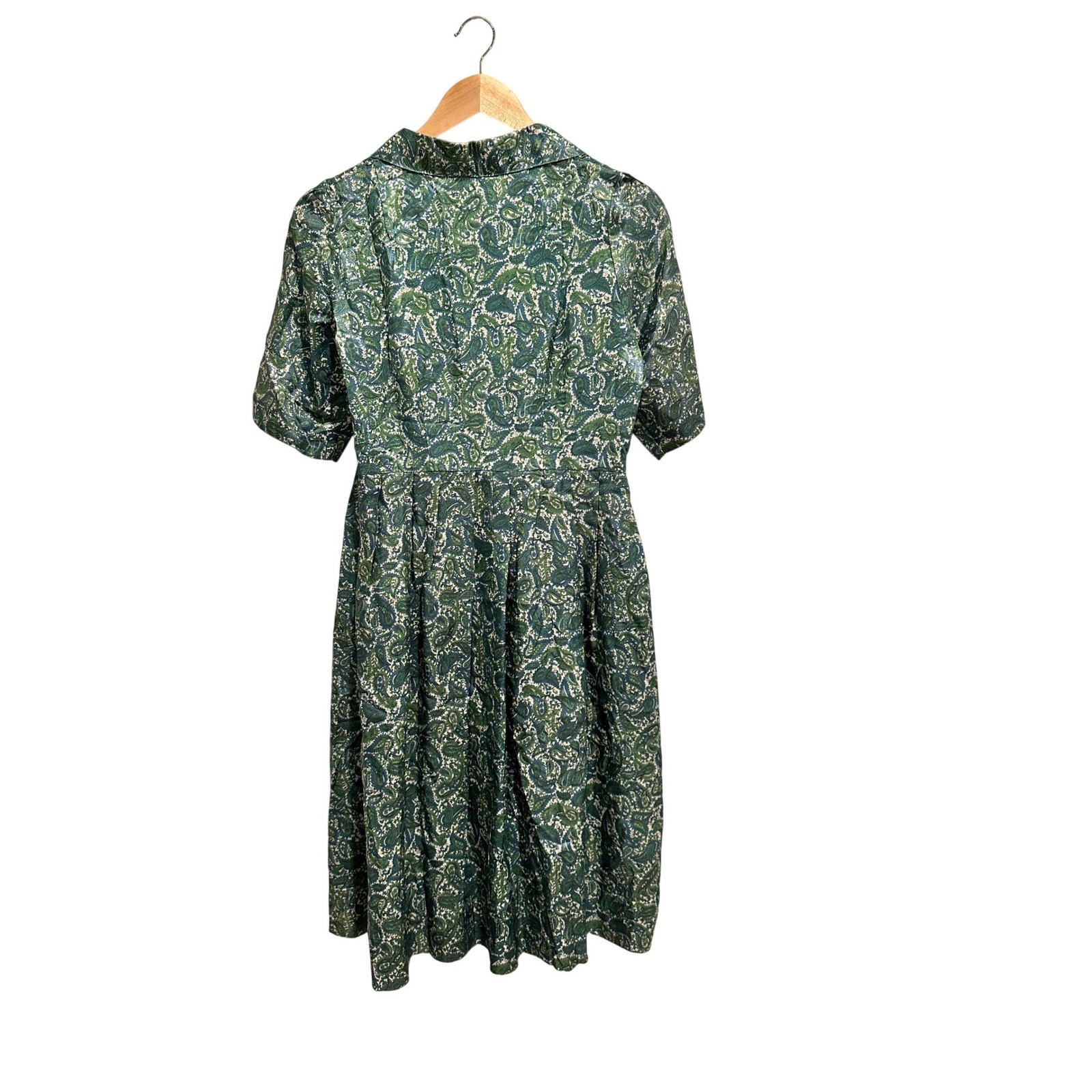 Vintage Handmade Green Paisley Shirt Dress Short Sleeve Pleated A-Line Midi