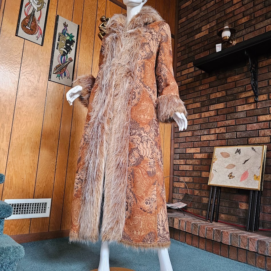 Vtg 90s do 70s Penny Lane Hippie Faux Fur Jacket Shaggy Afghan Tapestry Coat M