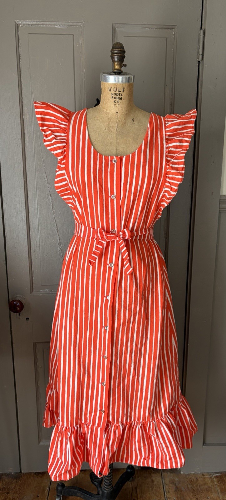 Vintage 1960s 1970s Marimekko Mariessu Red White Piccolo Stripe Apron Dress S