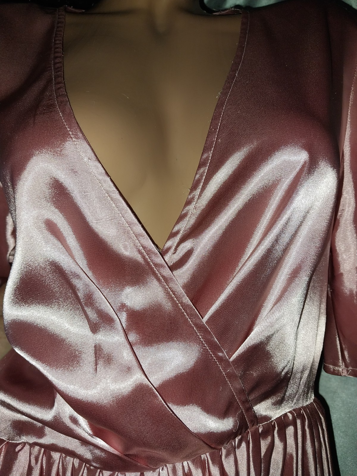 VTG SATIN LIQUID SHINY PINK CRYSTAL PLEAT MIDI GLAM DRESS L/XL PLUNGE HOLLYWOOD