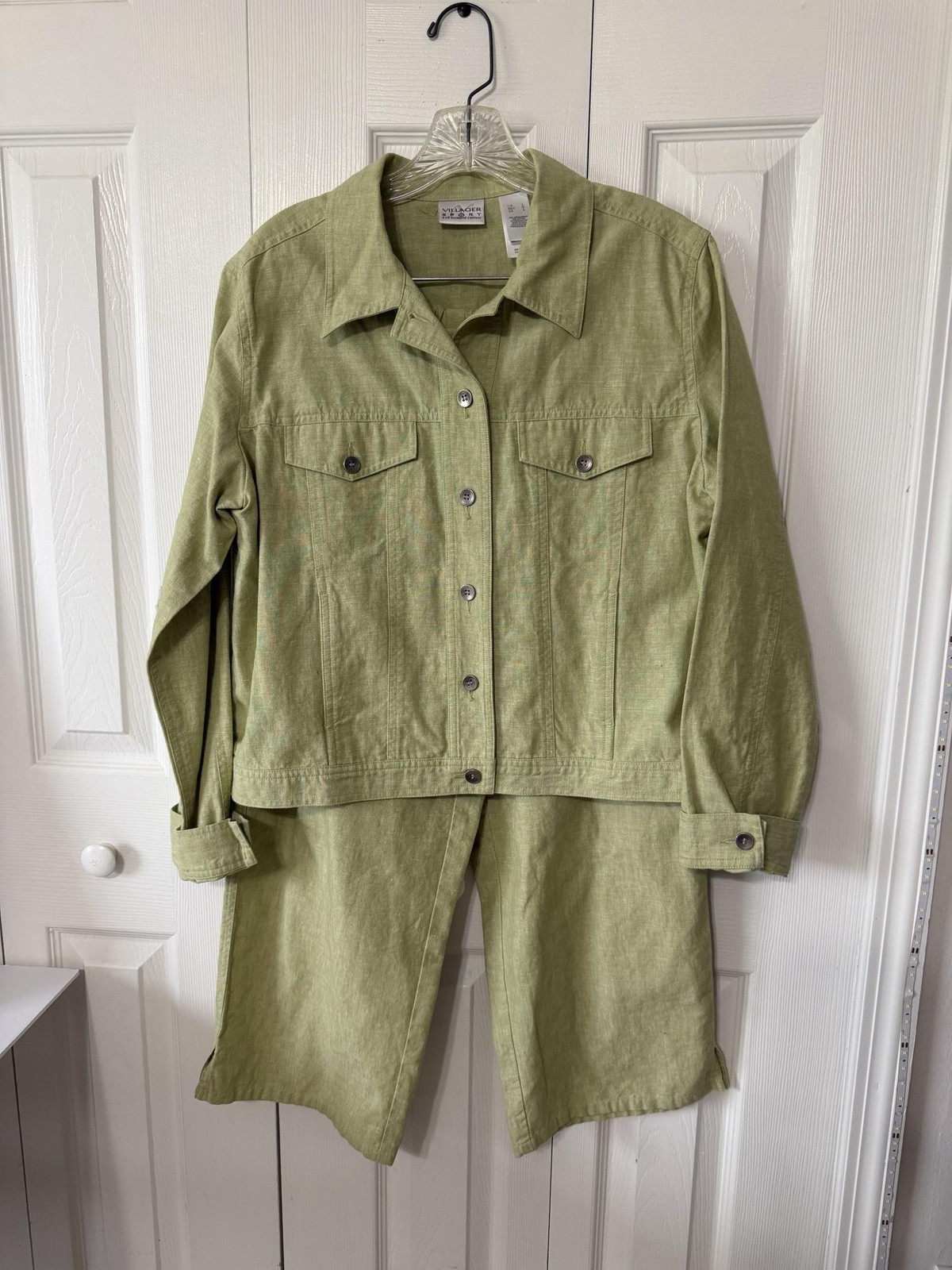 Liz Claiborne Villager Green Linen Blend 2 Pc Pant Suit Jacket & Crop Pants