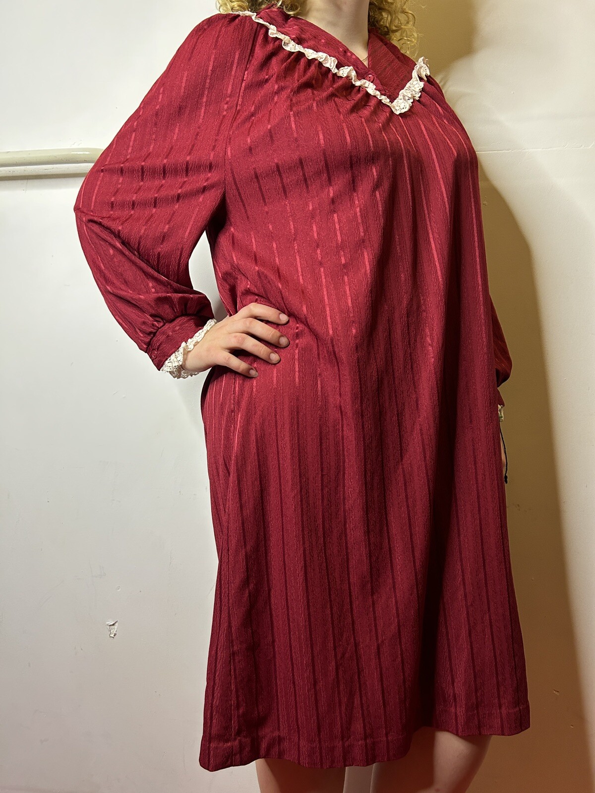 Vintage Australian ARC 80s Burgundy Midi Trapeze Dress Lace Yoke Pinstripe AU 14