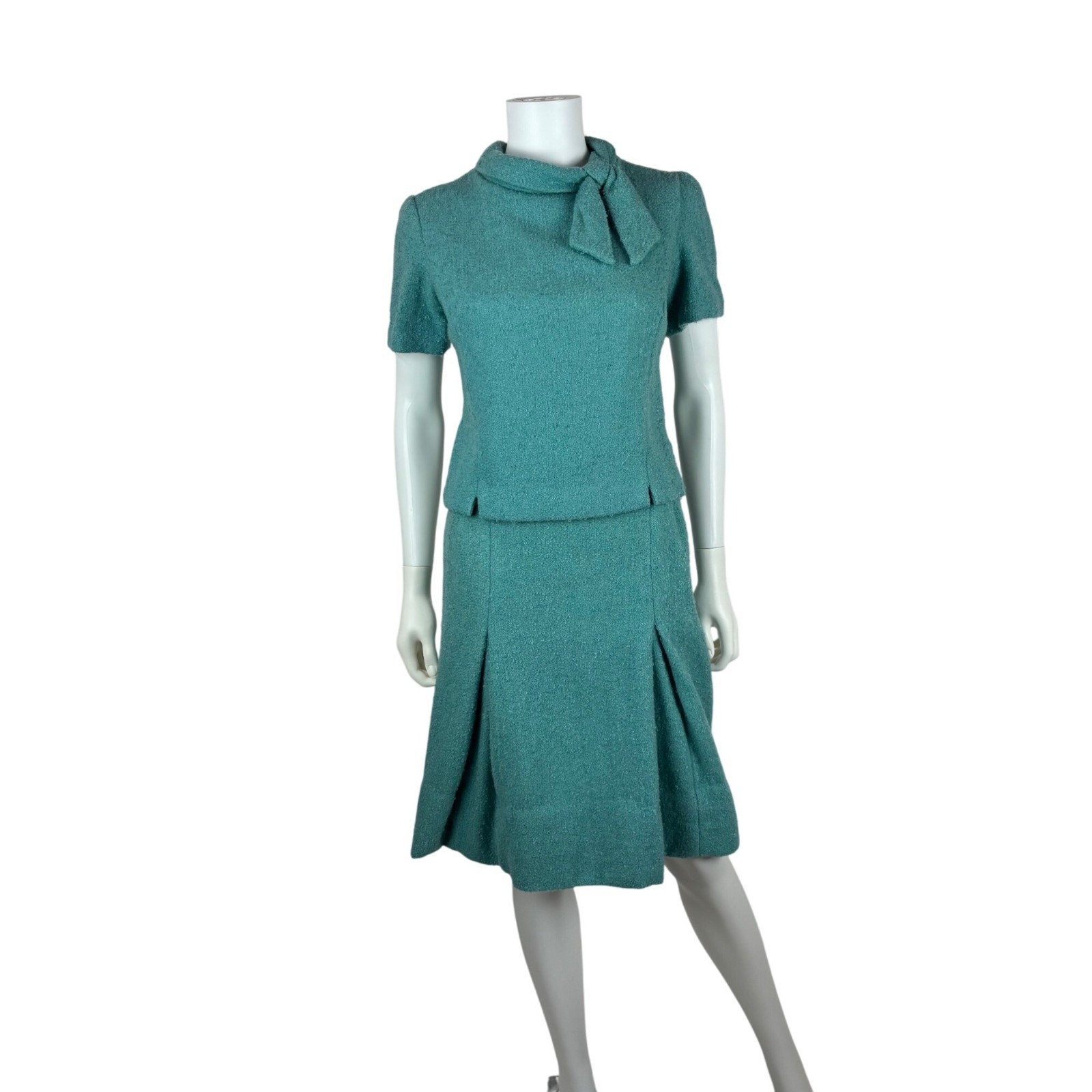 Vintage 60s Blue Suit Set Womens XS Bouclé Top & Skirt Bow Collar Mid-Century