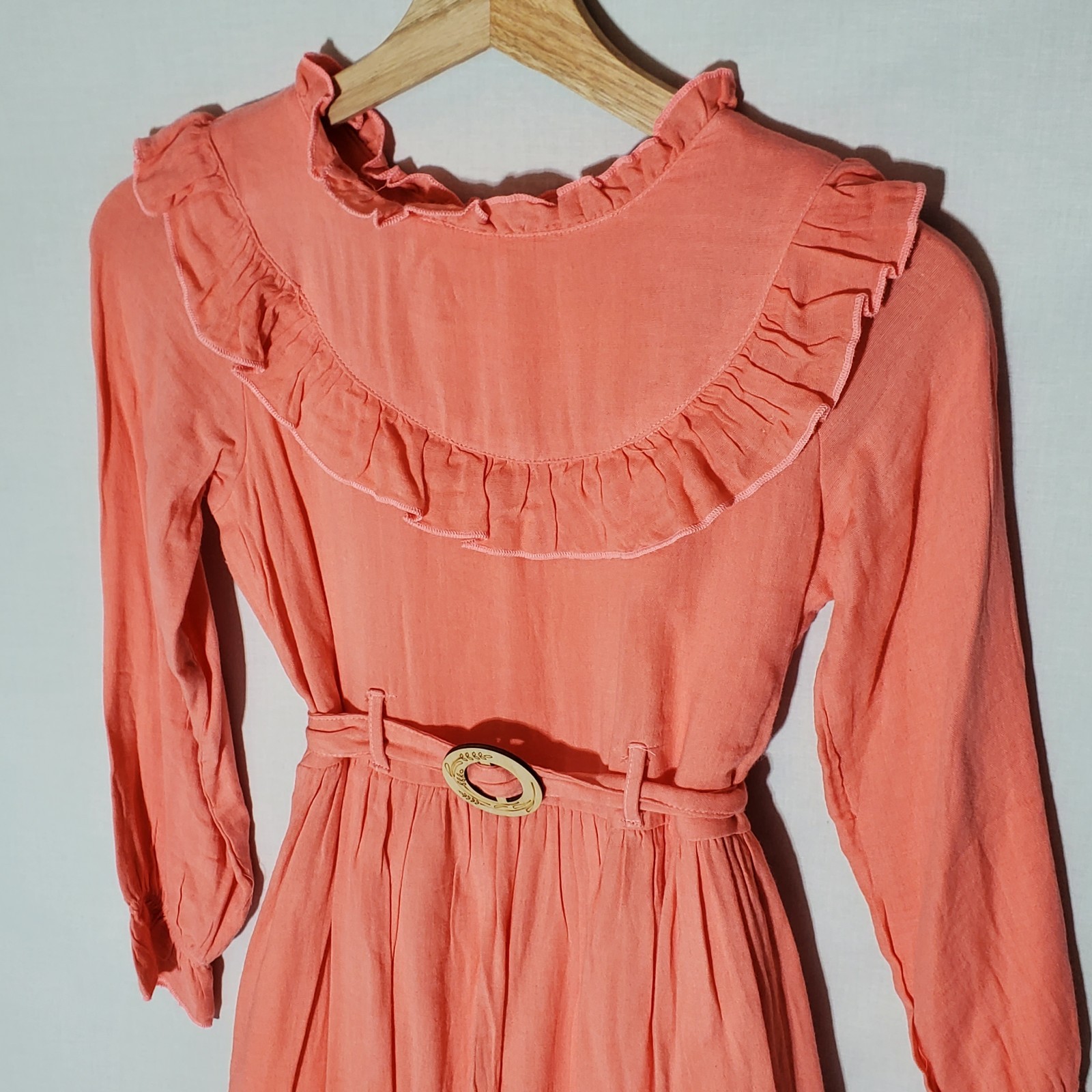 Vintage 70s Prairie Maxi Dress Girls 12 Coral Ruffle Cottagecore Salmon Tie Belt