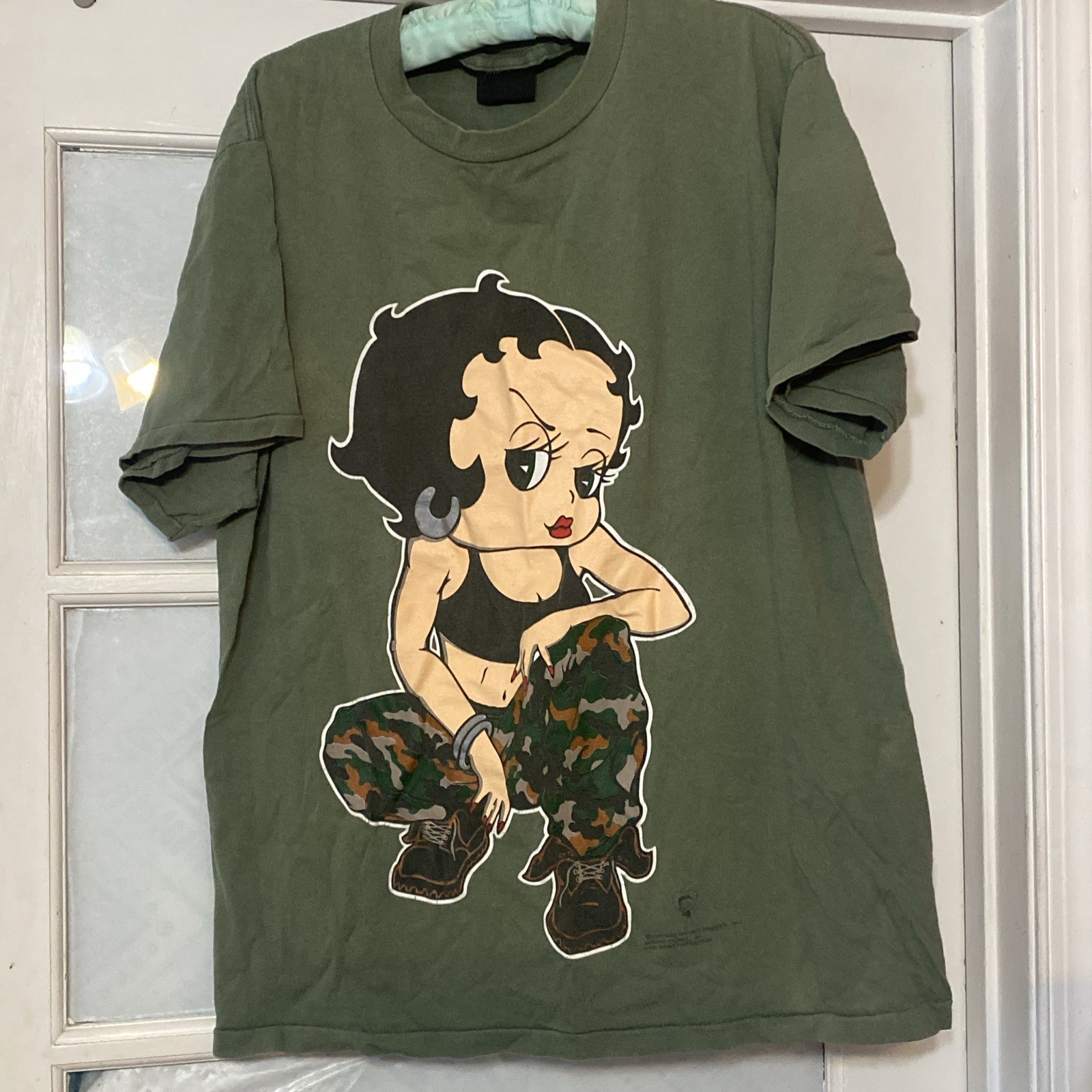 VTG Women’s 90s Girls Rule! Betty Boop Military / Camo Girl T Shirt / Tee Sz L