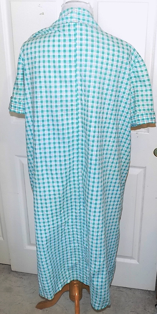 Vintage 40s 50s Aqua White Plaid Cotton House Robe B48