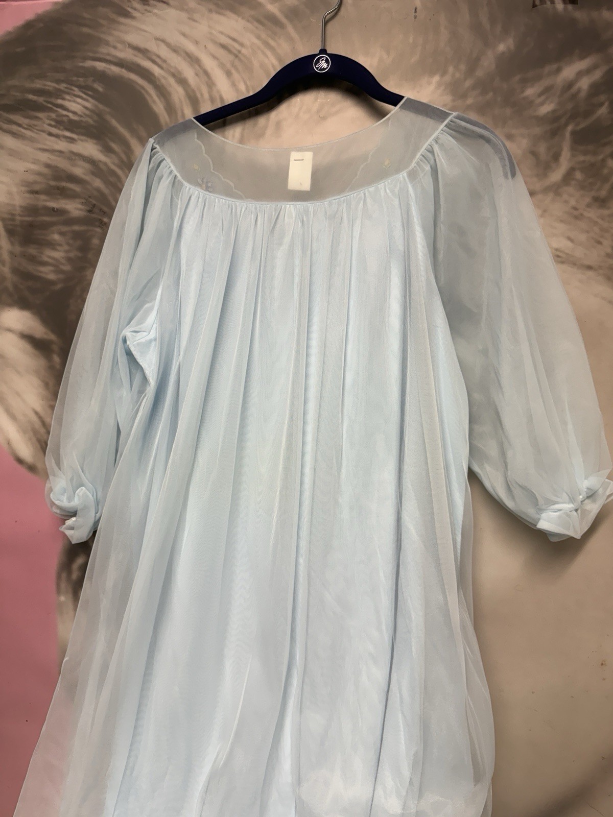 Vtg Shadow Line? Nightgown (M) Blue Silky Chiffon Nylon USA Long