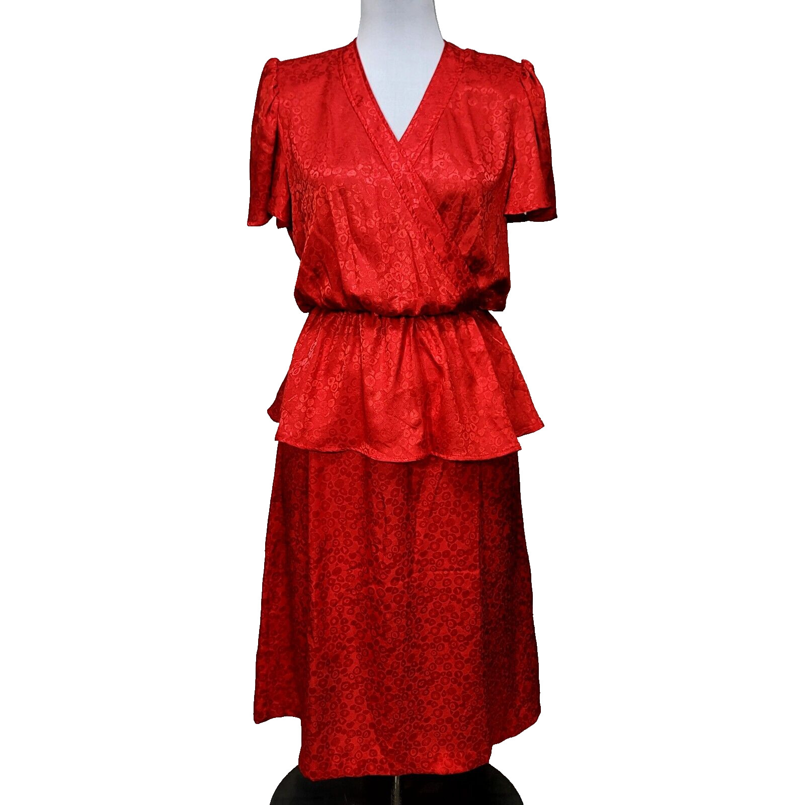 Vintage 70s Eileen Scott of Dallas L/XL Red Peplum Satin Surplice Peplum Dress