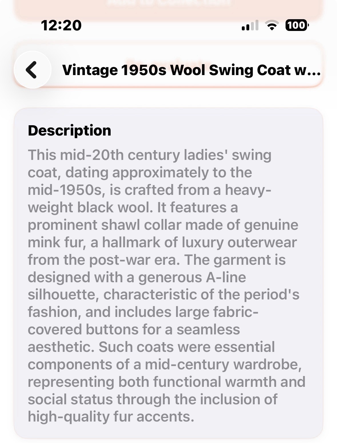 Vintage 1950S Wall Swing Coat With Mink Fur Collar Coat Is In Good Condition.