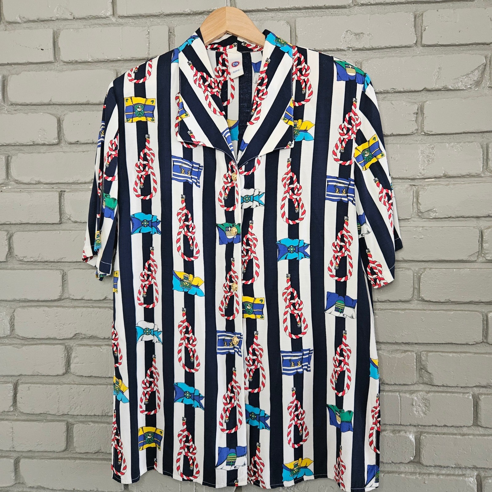 Vintage C&A Nautical Stripe Rope Flag Print Viscose Button Up Shirt Navy EUR 40