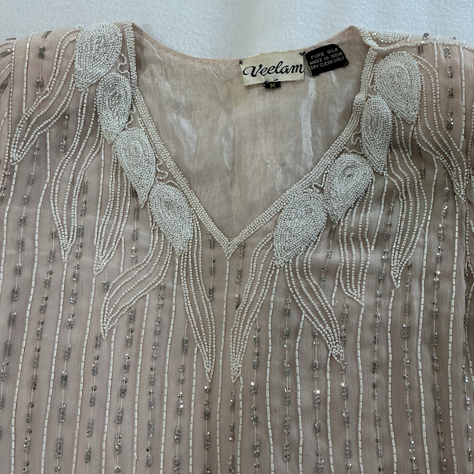 VTG 80’s Beaded Blush Silk Ensemble 1920s Flapper Style Size Med. Hollywood Glam