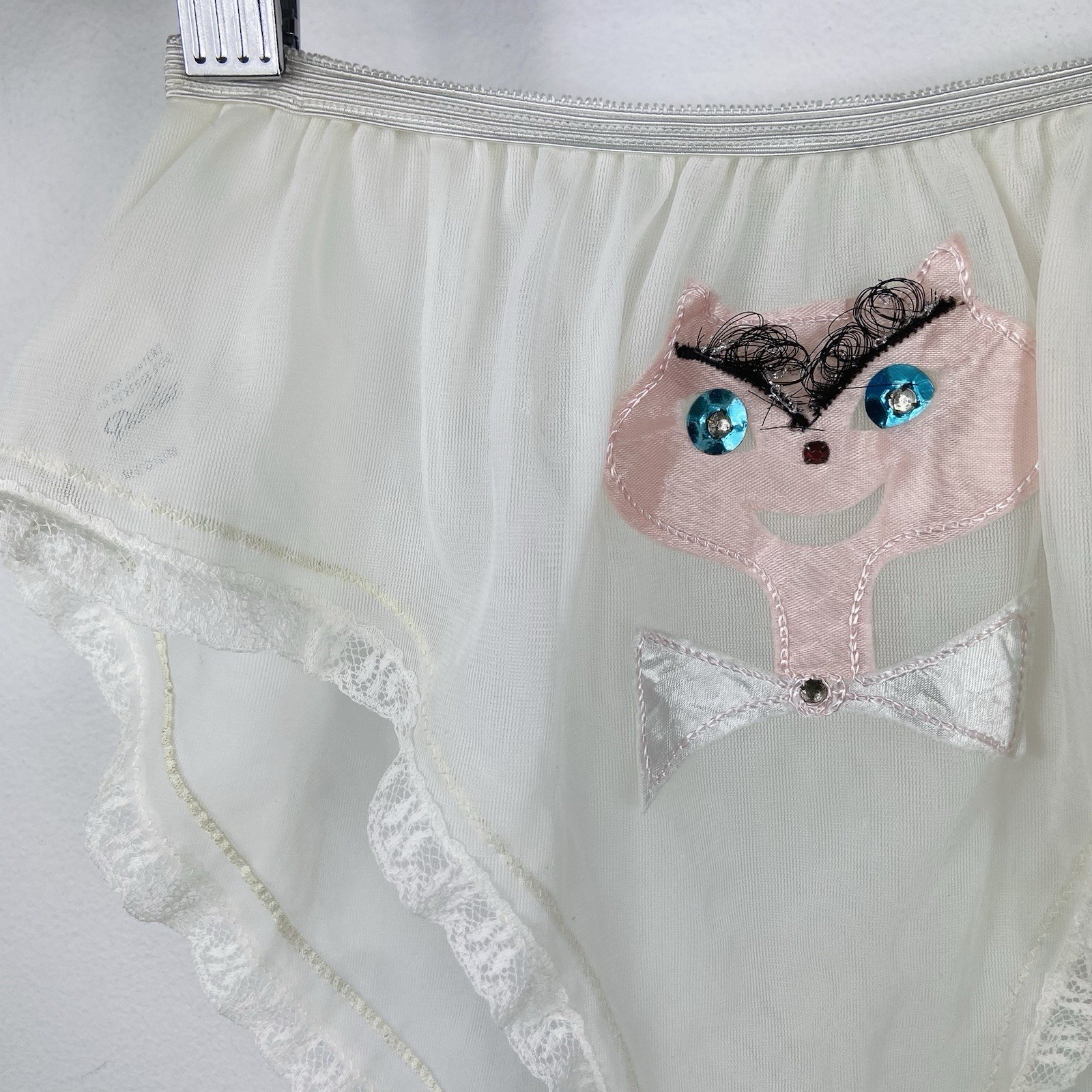 Vtg Custom Cat Appliqué Dutchess Double Layer Nylon Panties Sz M Sheer 50s 60s ?