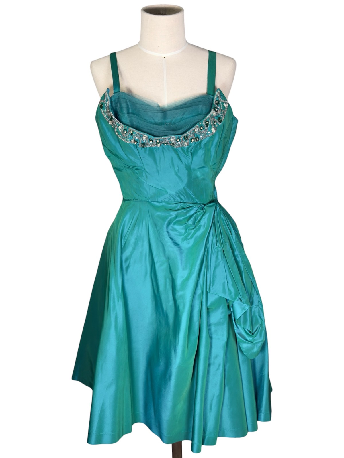 1950s Vintage Fred Perlberg Aqua Satin Cocktail Dress With Beaded Crumb Catcher