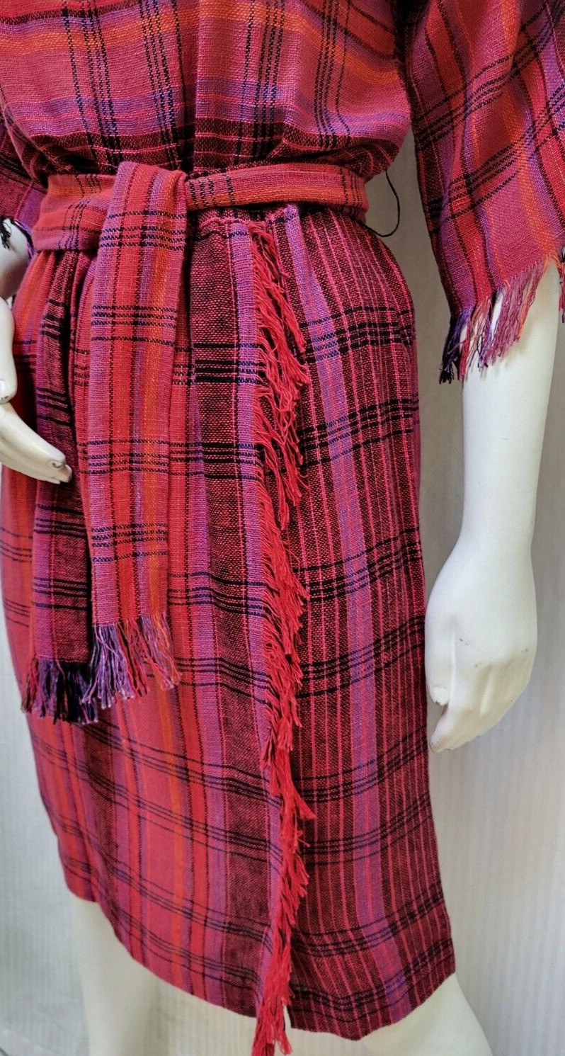 Vintage 1980s DW3 Woven Pink Plaid Fringe DRESS with BELT -Size M