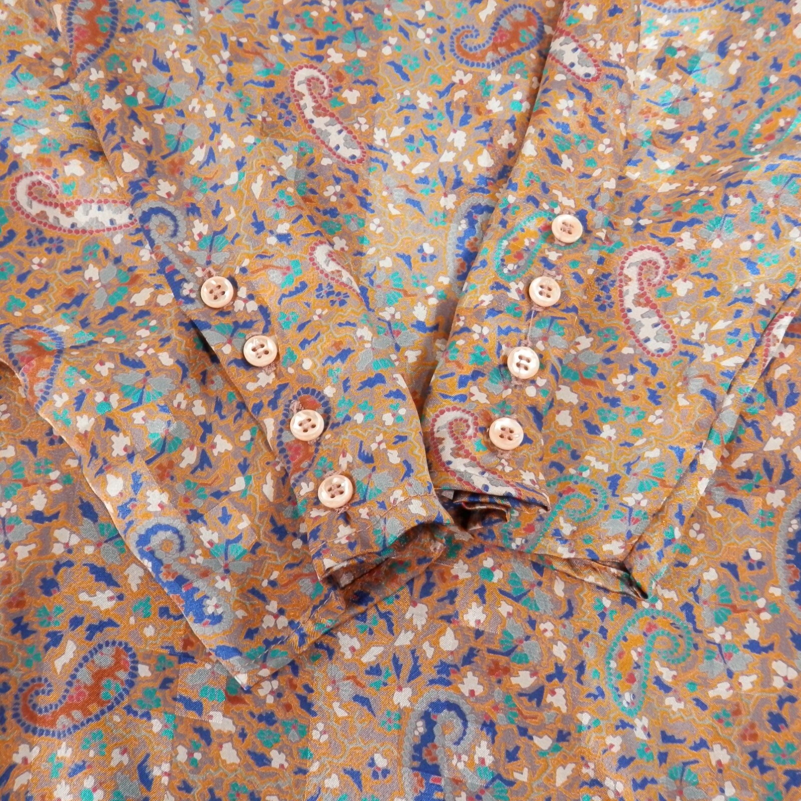 Vintage 70s 80s Womens L Paisley Print Blouse Orange Blue Stuart Lang Silky