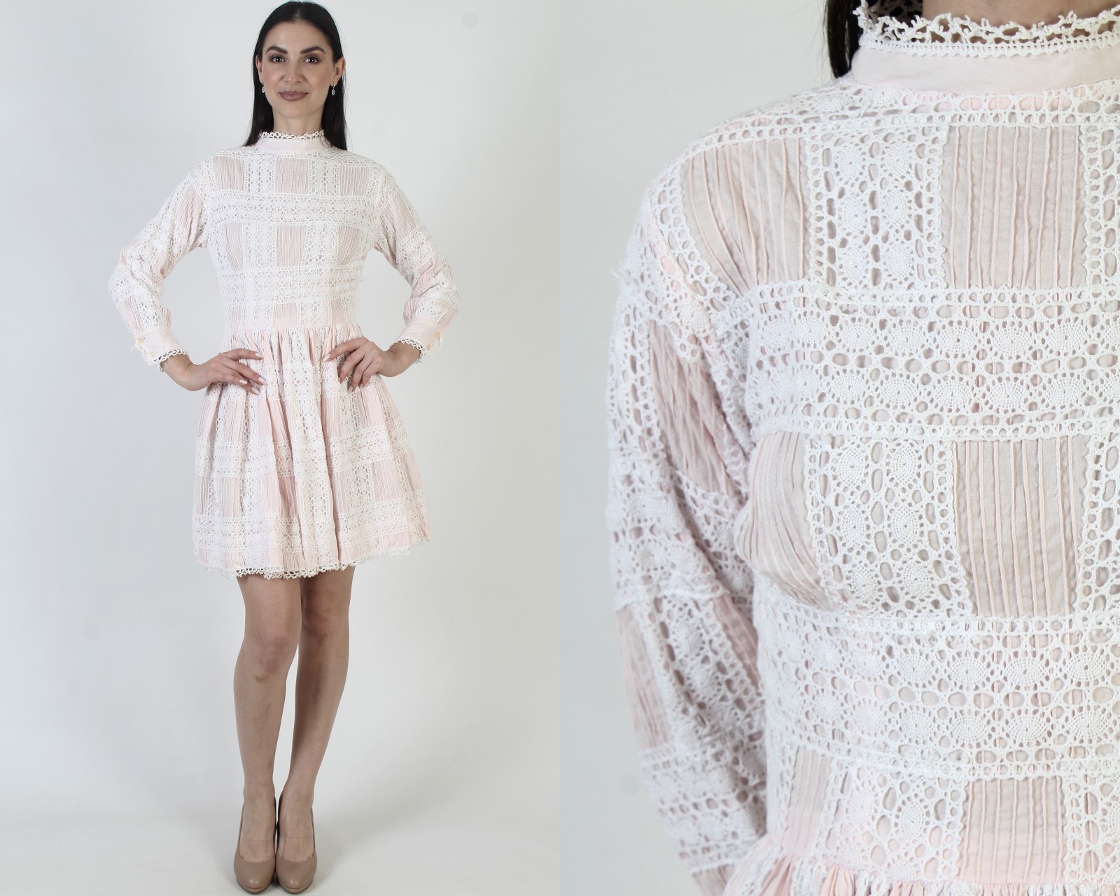 Vtg Lila Bath Mexican Pintuck Dress Wht Crochet Ethnic 70s Puebla Mini 12