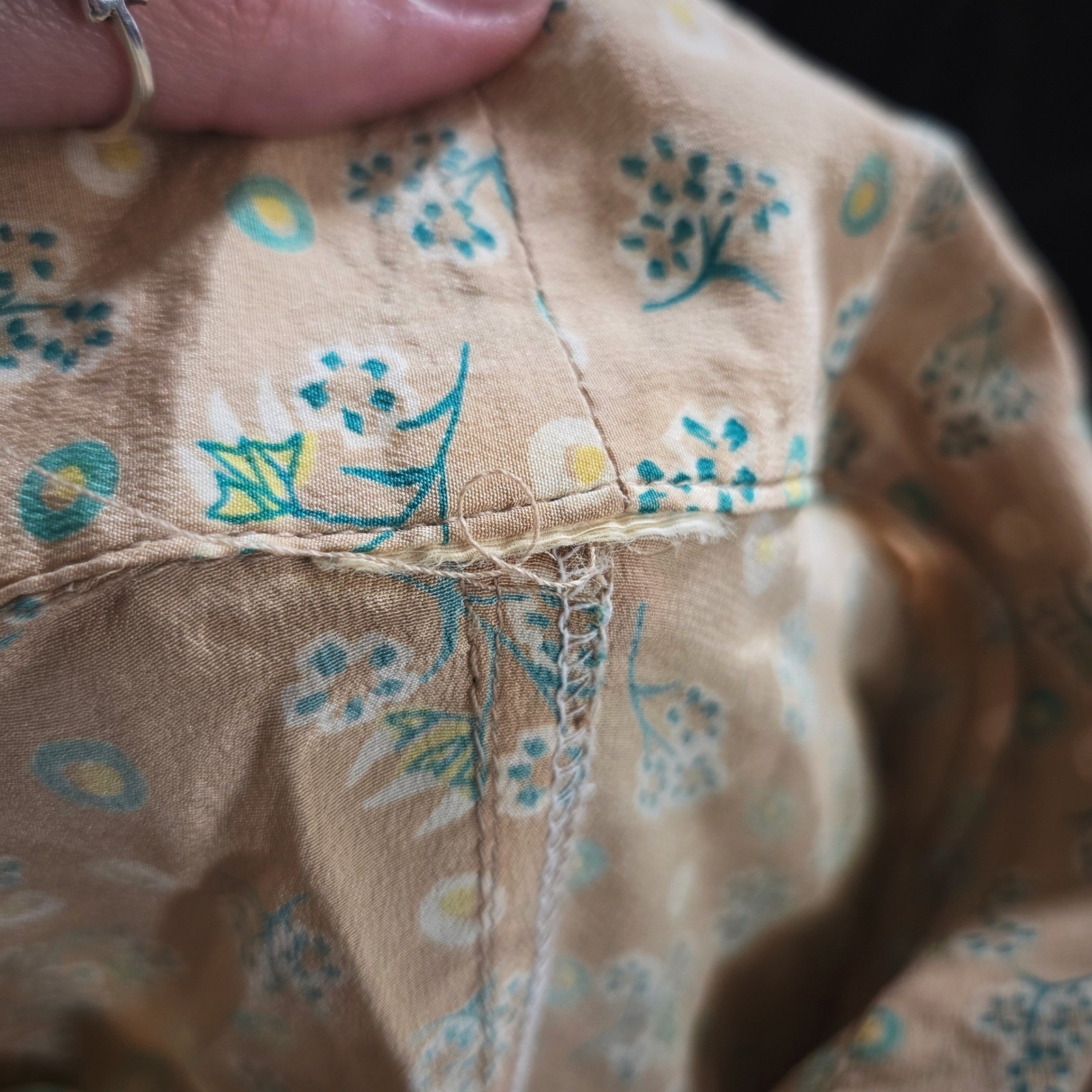 Vintage 40s Tan Silk Floral Day Dress Button Front Tea Dress WWII Era