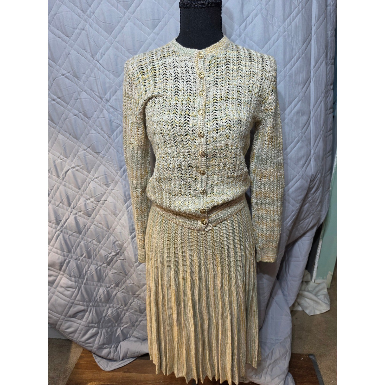 St John Marie Gray Knit Skirt Set Cardigan Pleated Midi Gold Green Vintage READ