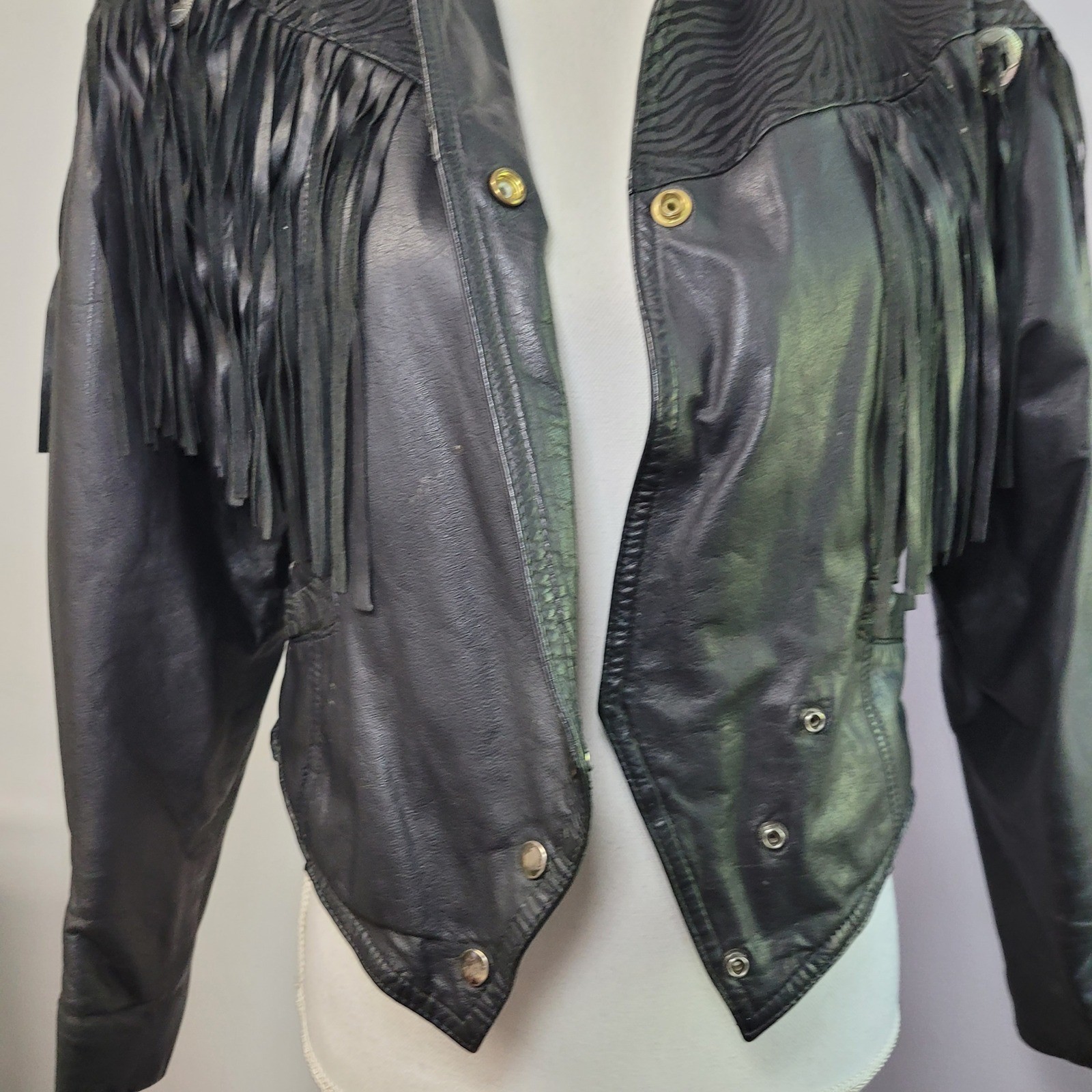 Vintage Black Leather Fringe Western Jacket Zebra Embossed Concho Cropped 90s