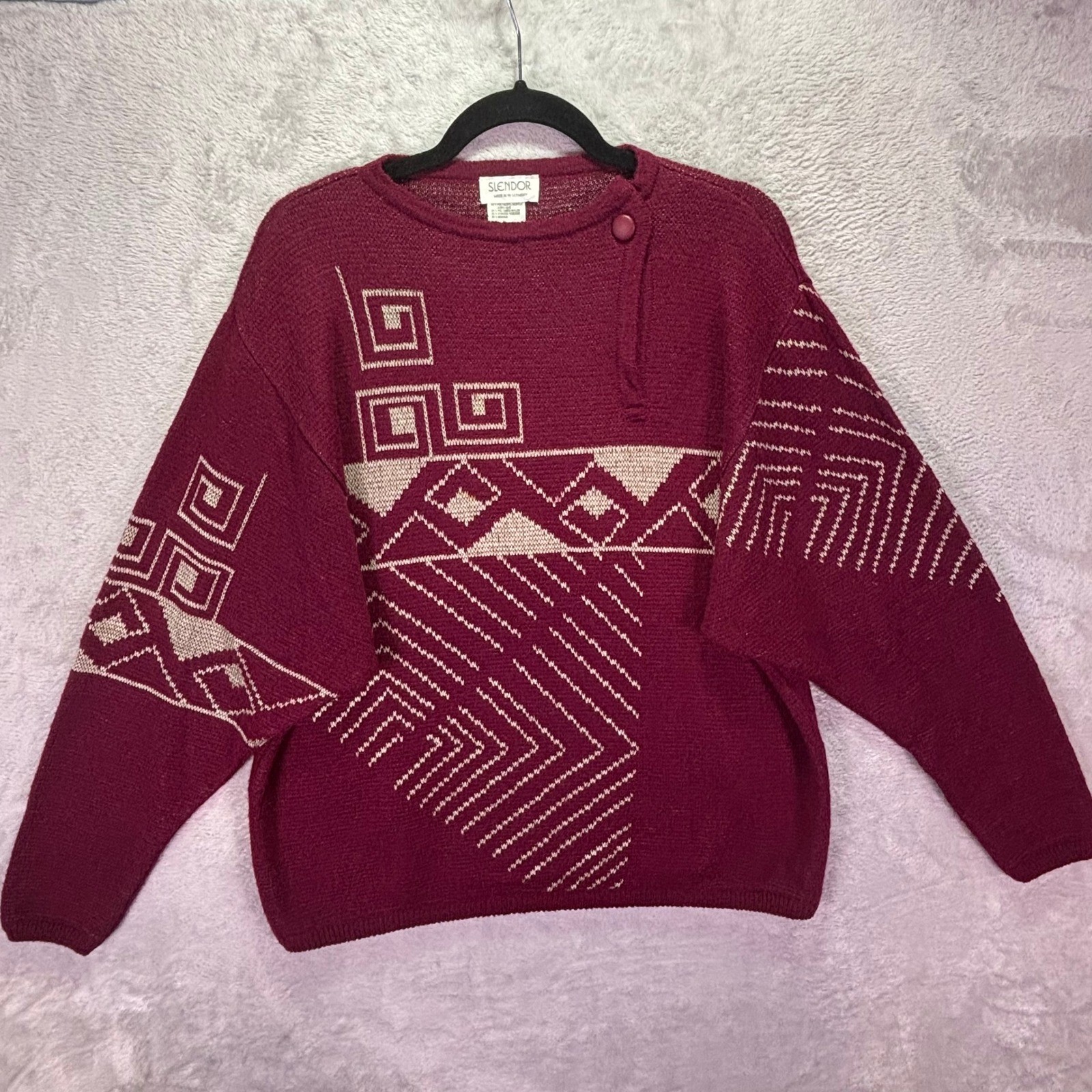 Vtg Slendor Womens Sweater 16 XXL Burgundy Geometric Mohair Blend West Germany