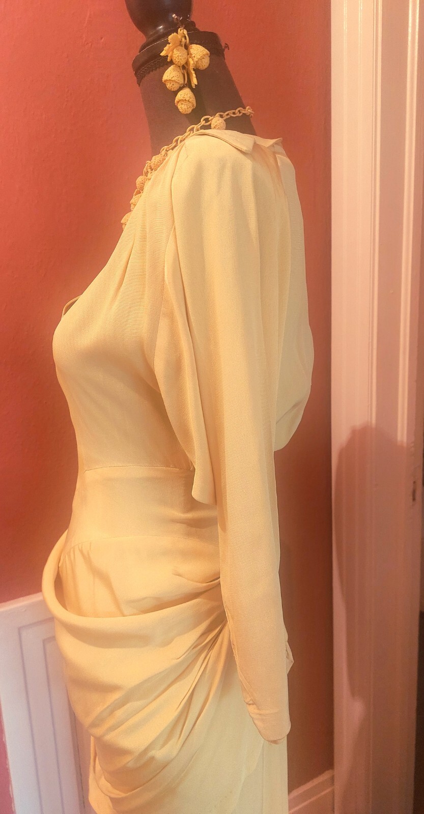 1950s Lilli Diamond Chartreuse Rayon Dress, Bat Wing Sleeves, Swag, Train XS