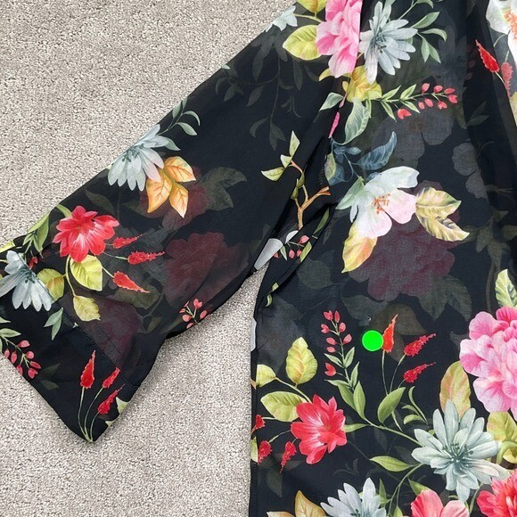 Sweet Pea Stacy Frati Duster Women L Black Floral Peony Sheer Kimono Boho Robe