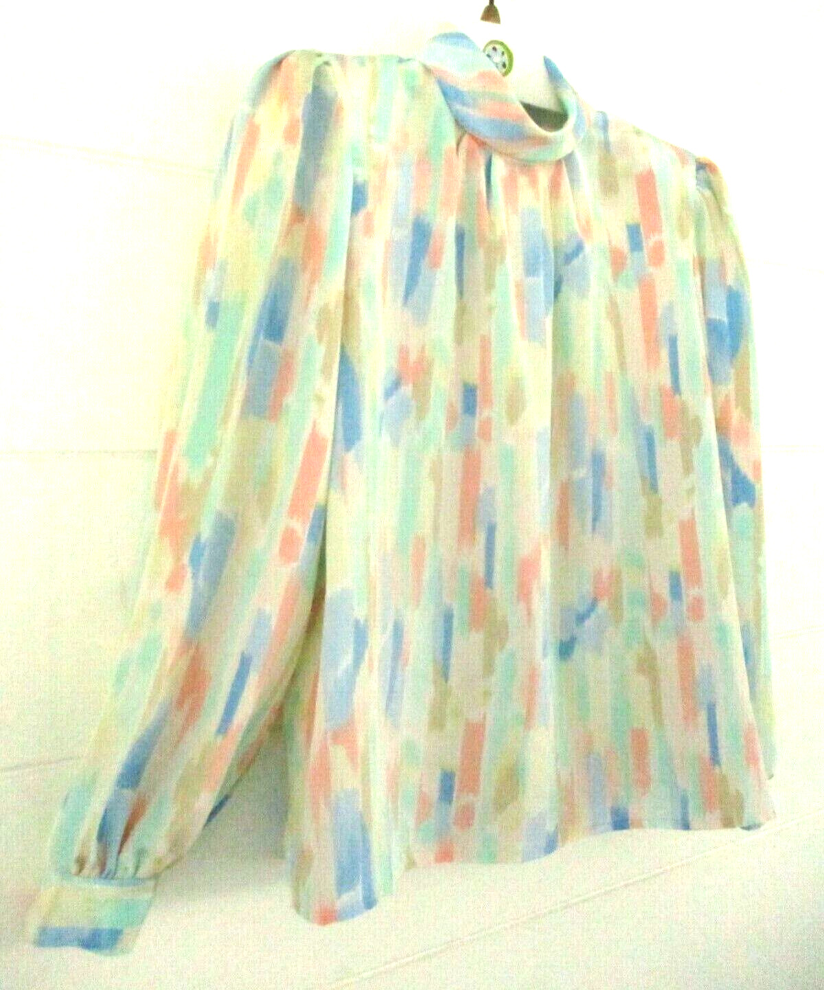Vtg 1980’s Pastel Multi High-Neck Secretary Blouse Size 16 Striped Puffy Sleeve