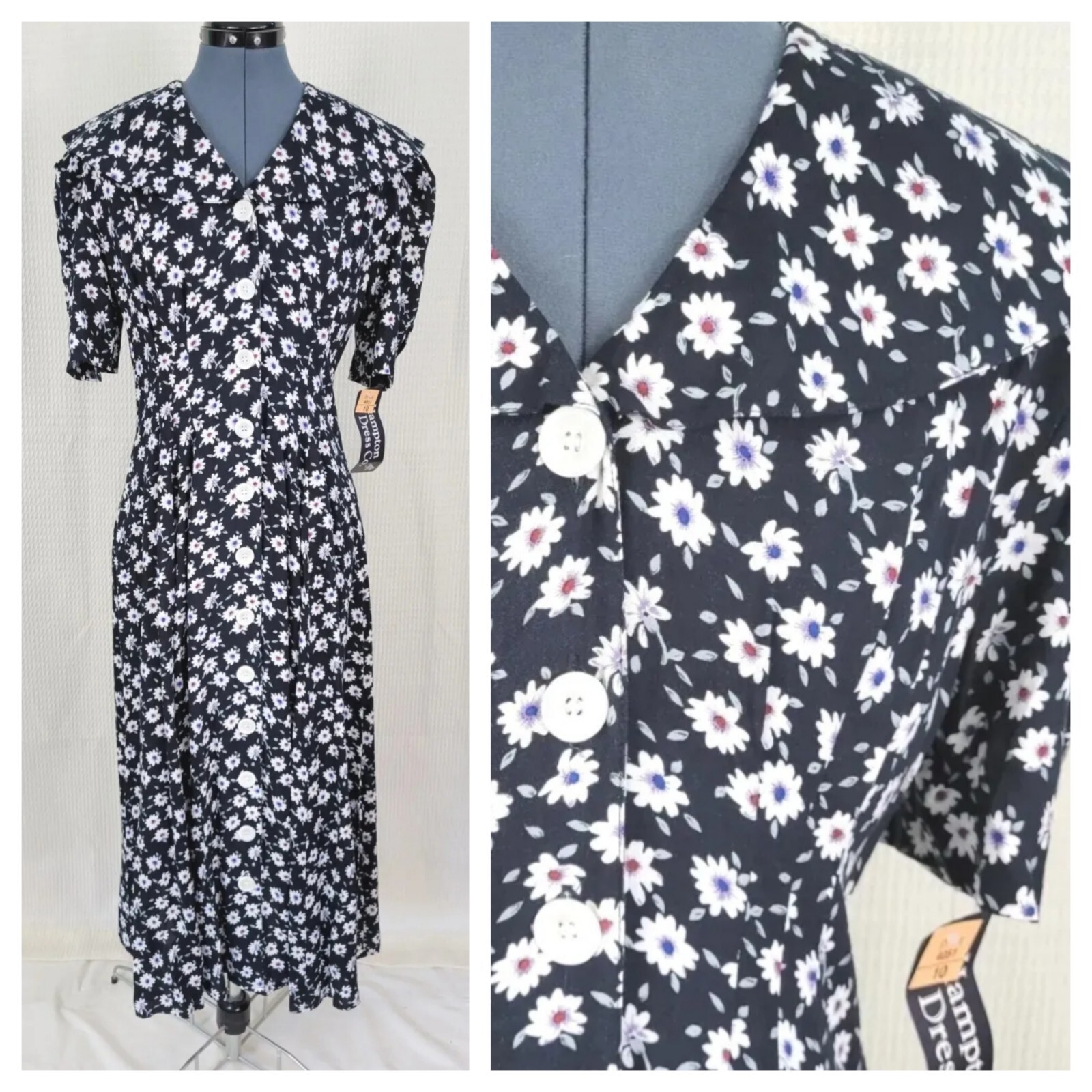 Vtg Cottagecore Hampton Dress Co Black Shawl Collared Dress w Daisies Sz 10